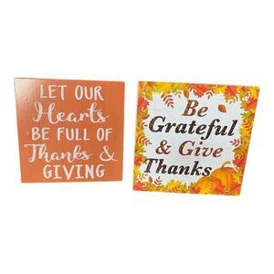 Lot of 2 TJ Maxx Home Goods Fall Decor Wooden Desk Shelf Signs 6 x 6